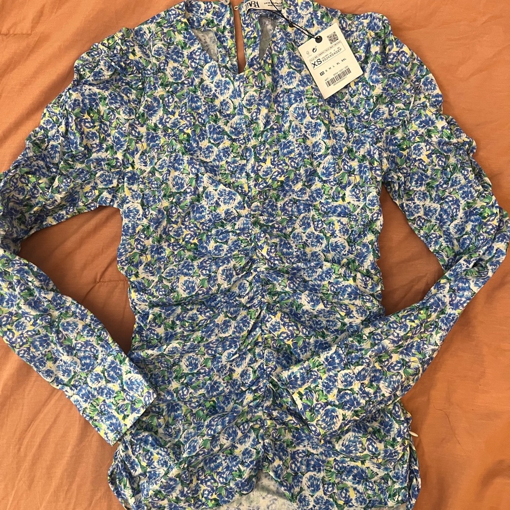Zara Floral Ruched Long Sleeve Blouse